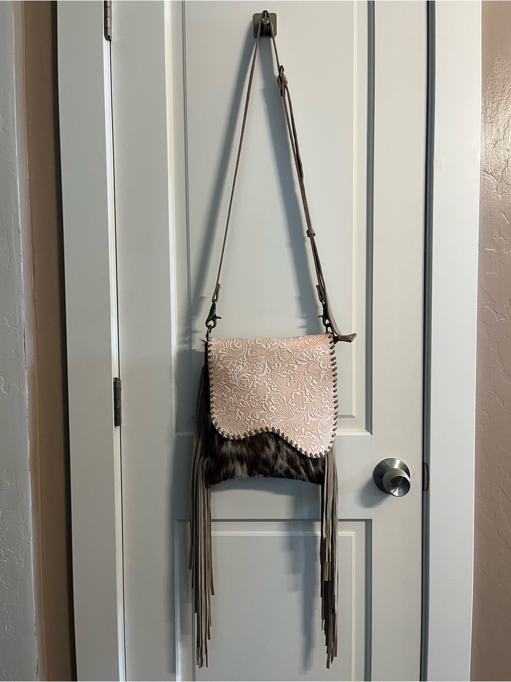 Myra Bag Pink Embossed Floral Leather & Brown Fur Crossbody with Fringe - Picture 2 of 6